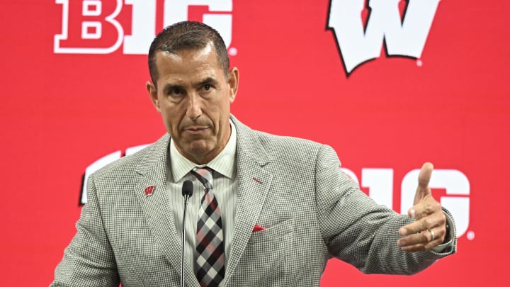 Jul 23, 2024; Indianapolis, IN, USA; Wisconsin Badgers head coach Luke Fickell speaks to the media during the Big 10 football media day at Lucas Oil Stadium. Mandatory Credit: Robert Goddin-USA TODAY Sports