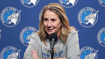 Sep 6, 2025; San Francisco, California, USA;  Minnesota Lynx head coach Cheryl Reeve addresses the media before the game against the Golden State Valkyries at Chase Center. Mandatory Credit: David Gonzales-Imagn Images