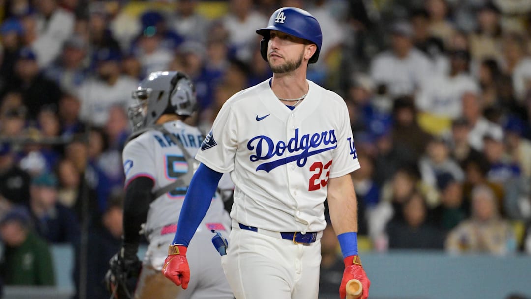 Apr 28, 2026; Los Angeles, California, USA; Los Angeles Dodgers right fielder Kyle Tucker (23) reacts to striking out against the Miami Marlins during the third inning at Dodger Stadium. Mandatory Credit: Jayne Kamin-Oncea-Imagn Images Apr 28, 2026; Los Angeles, California, USA; Los Angeles Dodgers right fielder Kyle Tucker (23) reacts to striking out against the Miami Marlins during the third inning at Dodger Stadium. Mandatory Credit: Jayne Kamin-Oncea-Imagn Images