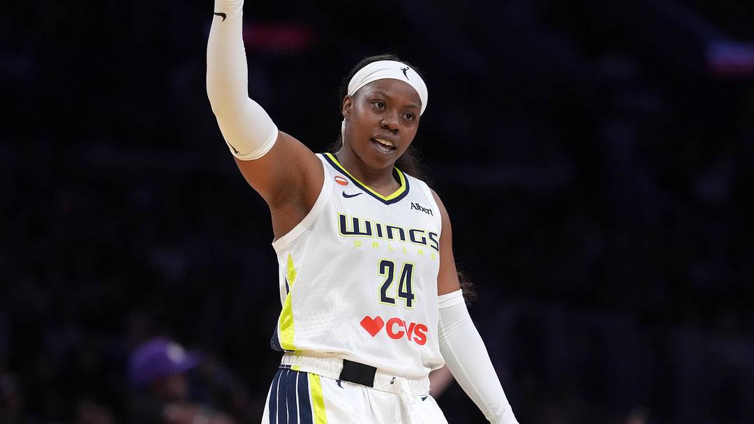 Jun 7, 2026; Los Angeles, California, USA;  Dallas Wings guard Arike Ogunbowale (24) reacts against the LA Sparks in the second half at Crypto.com Arena. Mandatory Credit: Kirby Lee-Imagn Images