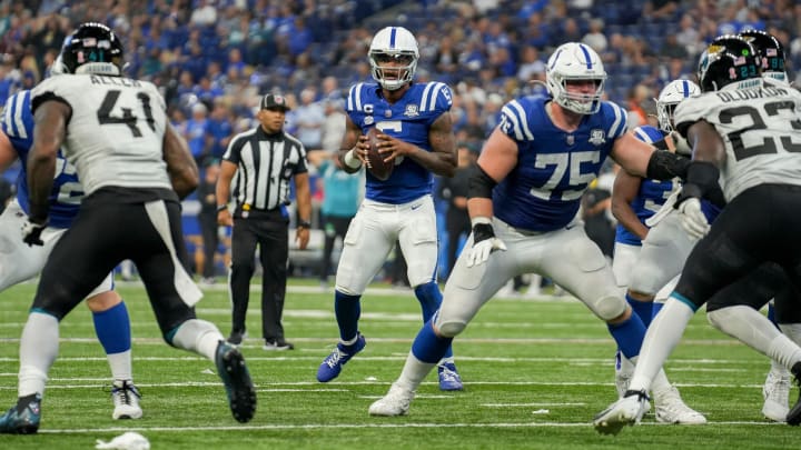 Indianapolis Colts quarterback Anthony Richardson (5) looks for an open receiver Sunday, Sept. 10, 2023, during a game against the Jacksonville Jaguars at Lucas Oil Stadium in Indianapolis.