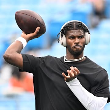 Aug 8, 2025; Charlotte, North Carolina, USA;  Cleveland Browns quarterback Shedeur Sanders (12) before the game at Bank of America Stadium. 