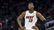 Jan 7, 2025; San Francisco, California, USA; Miami Heat center Bam Adebayo (13) reacts during the fourth quarter against the Golden State Warriors at Chase Center. 