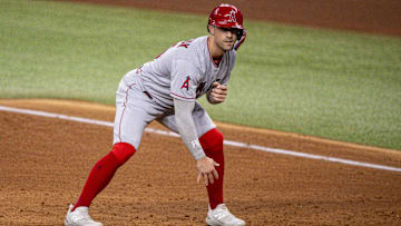 Aug 15, 2023; Arlington, Texas, USA; Los Angeles Angels left fielder Randal Grichuk (15) in action