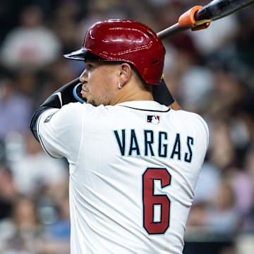 Sep 16, 2025; Phoenix, Arizona, USA; Detailed view of the jersey of Arizona Diamondbacks infielder Ildemaro Vargas (6) against the San Francisco Giants at Chase Field. Mandatory Credit: Mark J. Rebilas-Imagn Images