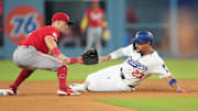 Aug 27, 2025; Los Angeles, California, USA;  Los Angeles Dodgers left fielder Michael Conforto (23) steals second base under the tag of Cincinnati Reds second baseman Matt McLain (9)  in the sixth inning at Dodger Stadium. Mandatory Credit: Kirby Lee-Imagn Images