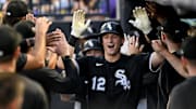 Chicago White Sox shortstop Colson Montgomery (12) celebrates  after hitting a three-run home run against the Tampa Bay Rays at George M. Steinbrenner Field. 