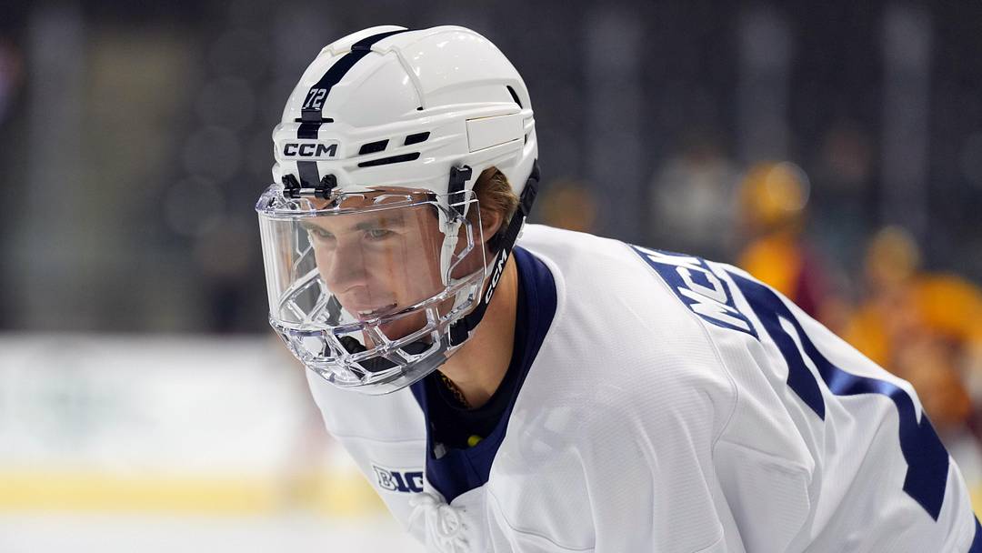 Oct 4, 2025; Tempe, AZ, USA; Penn State Nittany Lions forward Gavin McKenna (72) warms up before the game against the Arizona State Sun Devils at Mullett Arena. Mandatory Credit: Joe Camporeale-Imagn Images