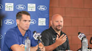 Jul 24, 2024; East Rutherford, NJ, USA; New York Giants  head coach Brian Dabol, left, and general manager Joe Schoen talks with media  at Quest Diagnostics Training Facility. Mandatory Credit: Vincent Carchietta-Imagn Images