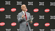 Jul 9, 2024; Las Vegas, NV, USA; Big 12 Conference commissioner Brett Yormark speaks to the media during the Big 12 Media Days at Allegiant Stadium. Mandatory Credit: Candice Ward-USA TODAY Sports