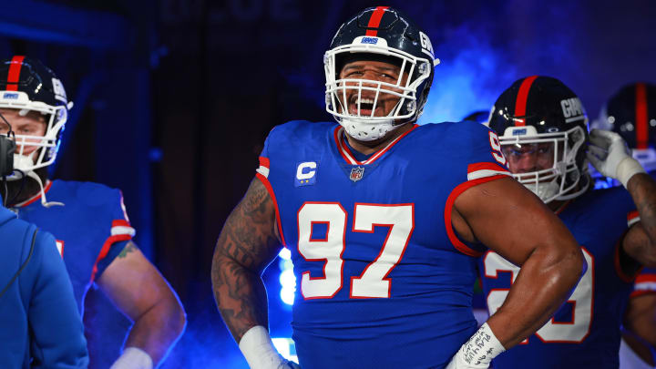 Dec 11, 2023; East Rutherford, New Jersey, USA; New York Giants defensive tackle Dexter Lawrence II (97) looks on before the game against the Green Bay Packers at MetLife Stadium. Mandatory Credit: Vincent Carchietta-USA TODAY Sports