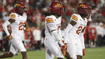 Iowa State Cyclones defensive back Jontez Williams (3) celebrates after an interception during the fourth quarter against the Houston Cougars at TDECU Stadium.