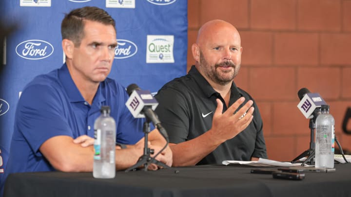 Jul 24, 2024; East Rutherford, NJ, USA; New York Giants head coach Brian Daboll, left, and general manager Joe Schoen talks with media at Quest Diagnostics Training Facility.  