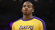 Oct 25, 2024; Los Angeles, California, USA; Los Angeles Lakers guard Quincy Olivari (41) before the game against the Phoenix Suns at Crypto.com Arena. Mandatory Credit: Jonathan Hui-Imagn Images