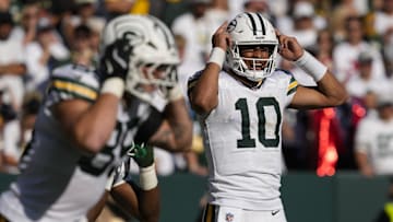 Oct 20, 2024; Green Bay, Wisconsin, USA;  Green Bay Packers quarterback Jordan Love (10) during the game against the Houston Texans at Lambeau Field. Mandatory Credit: Jeff Hanisch-Imagn Images
