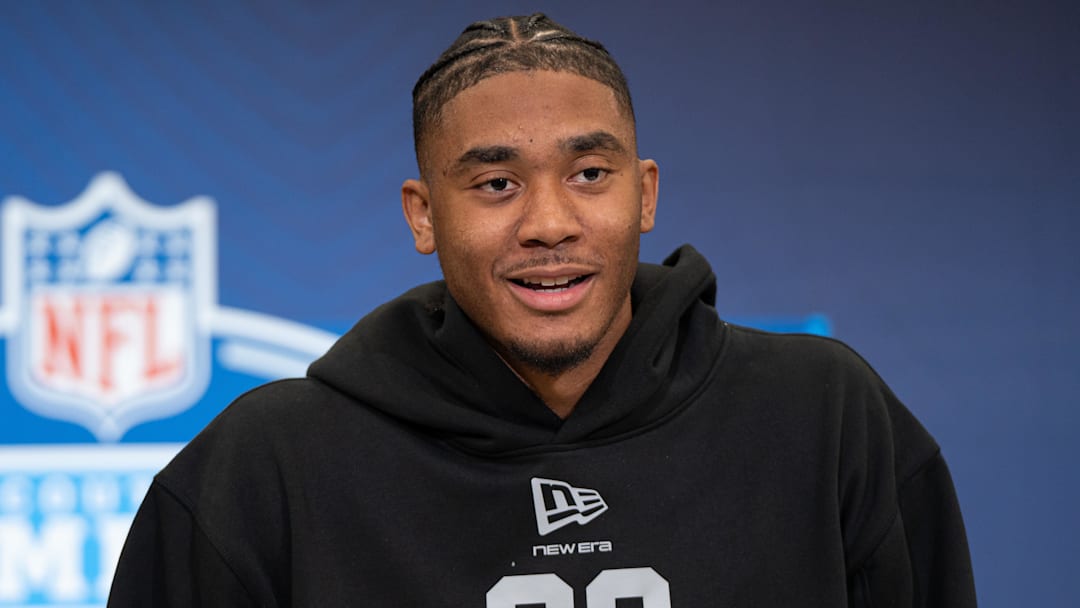 Arkansas quarterback Taylen Green (QB08) speaks to members of the media during the NFL Combine in Indianapolis.