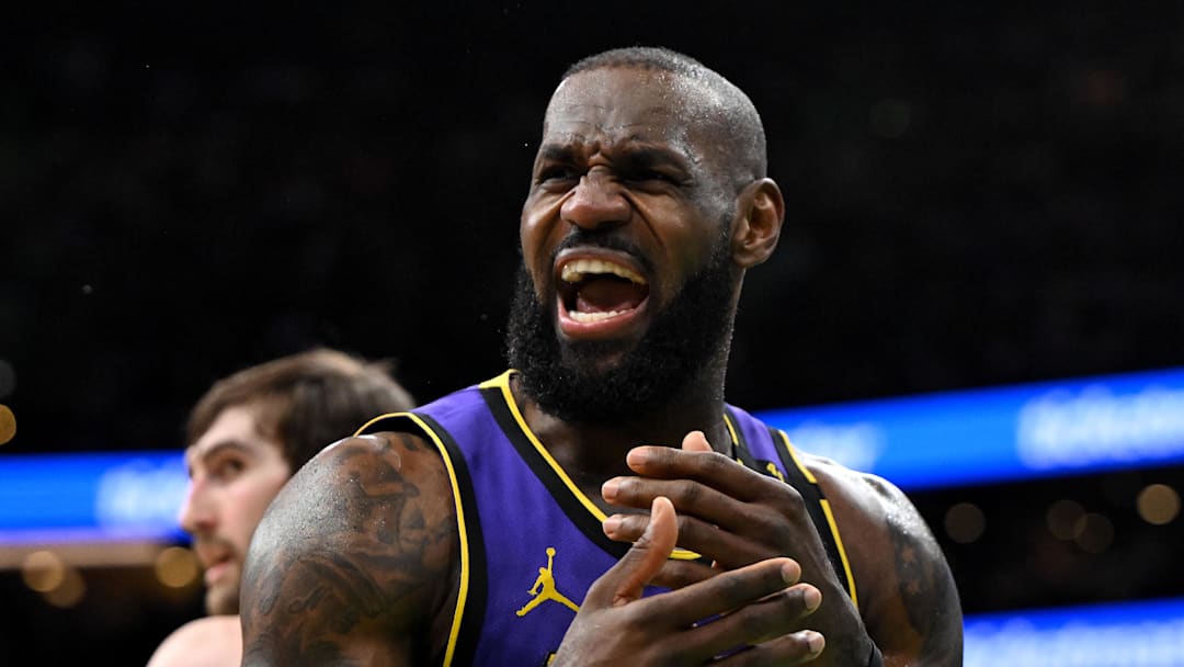 Mar 8, 2025; Boston, Massachusetts, USA; Los Angeles Lakers forward LeBron James (23) reacts after a non-call against the Boston Celtics during the second quarter at the TD Garden. Mandatory Credit: Brian Fluharty-Imagn Images