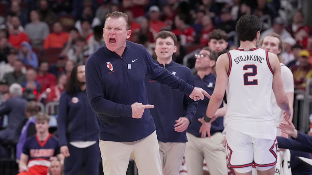 Illinois head coach Brad Underwood is shown during overtime of their quarterfinal game in the Big Ten tournament Friday, March 13, 2026 at the United Center in Chicago, Illinois. Wisconsin beat Illinois 91-88.