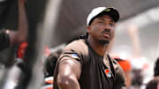 Aug 16, 2025; Philadelphia, Pennsylvania, USA; Cleveland Browns defensive lineman Myles Garrett (95) looks on against the Philadelphia Eagles in the first half at Lincoln Financial Field. Mandatory Credit: Kyle Ross-Imagn Images
