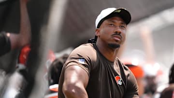 Aug 16, 2025; Philadelphia, Pennsylvania, USA; Cleveland Browns defensive lineman Myles Garrett (95) looks on against the Philadelphia Eagles in the first half at Lincoln Financial Field. Mandatory Credit: Kyle Ross-Imagn Images
