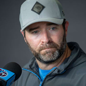 Tennessee Titans Head Coach Brian Callahan fields questions from the media after training camp at Ascension Saint Thomas Sports Park in Nashville, Tenn., Thursday, Aug. 22 2024.