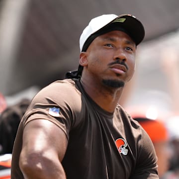 Aug 16, 2025; Philadelphia, Pennsylvania, USA; Cleveland Browns defensive lineman Myles Garrett (95) looks on against the Philadelphia Eagles in the first half at Lincoln Financial Field. Mandatory Credit: Kyle Ross-Imagn Images