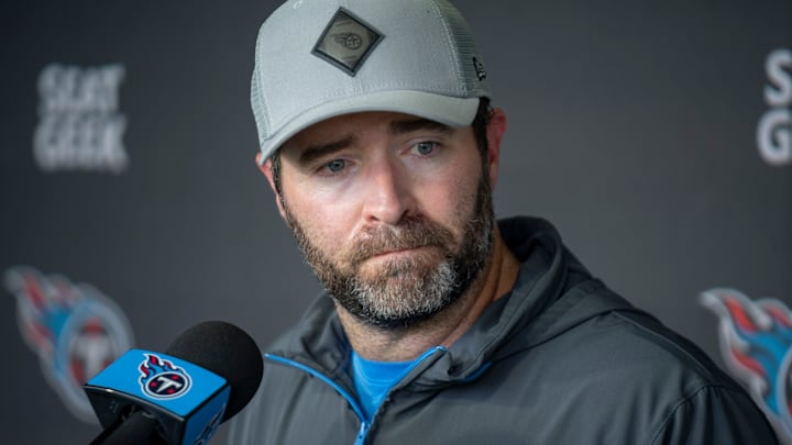 Tennessee Titans Head Coach Brian Callahan fields questions from the media after training camp at Ascension Saint Thomas Sports Park in Nashville, Tenn., Thursday, Aug. 22 2024.