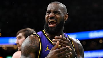 Mar 8, 2025; Boston, Massachusetts, USA; Los Angeles Lakers forward LeBron James (23) reacts after a non-call against the Boston Celtics during the second quarter at the TD Garden. Mandatory Credit: Brian Fluharty-Imagn Images