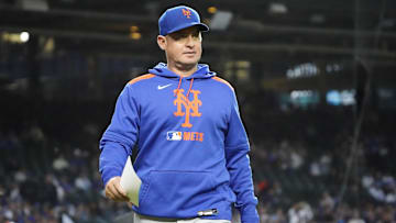 Sep 23, 2025; Chicago, Illinois, USA; New York Mets manager Carlos Mendoza (64) on the field before a game against the Chicago Cubs at Wrigley Field. Mandatory Credit: David Banks-Imagn Images