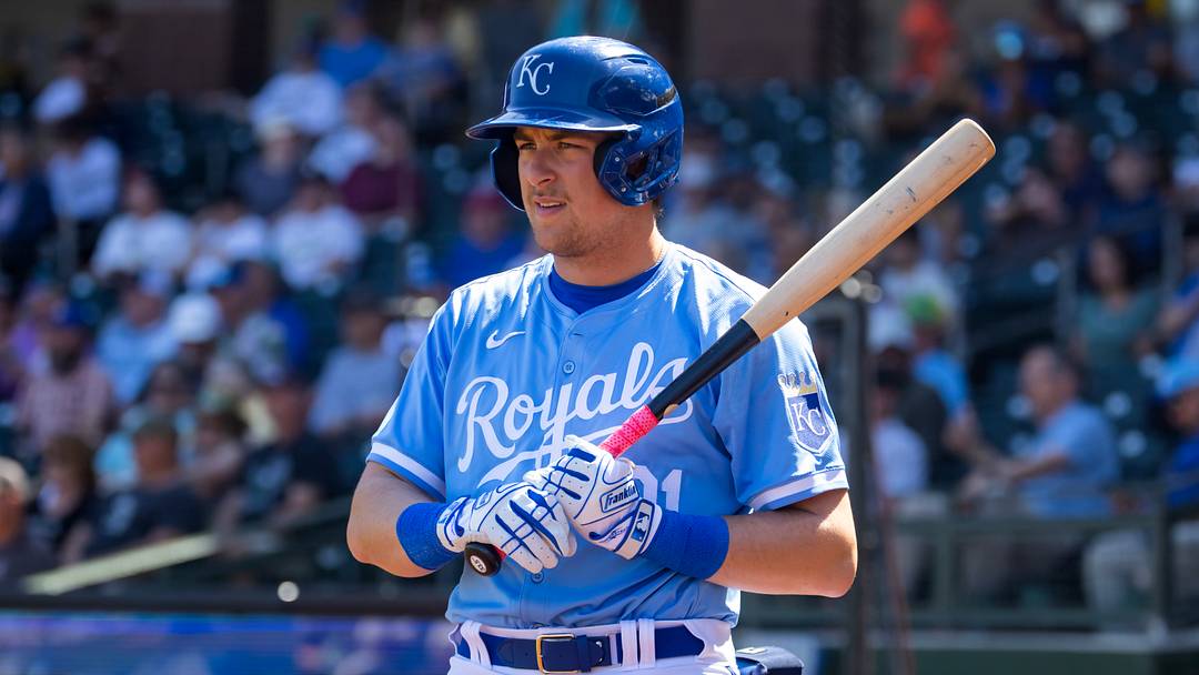 Mar 21, 2024; Surprise, Arizona, USA; Kansas City Royals designated hitter Gavin Cross against the Chicago White Sox during a spring training baseball game at Surprise Stadium. Mandatory Credit: Mark J. Rebilas-USA TODAY Sports