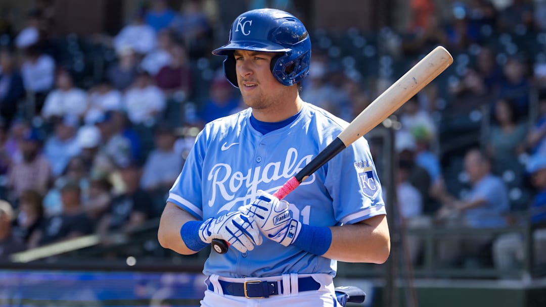 Mar 21, 2024; Surprise, Arizona, USA; Kansas City Royals designated hitter Gavin Cross against the Chicago White Sox during a spring training baseball game at Surprise Stadium. Mandatory Credit: Mark J. Rebilas-Imagn Images