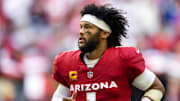 Jan 5, 2025; Glendale, Arizona, USA; Arizona Cardinals quarterback Kyler Murray (1) against the San Francisco 49ers at State Farm Stadium. Mandatory Credit: Mark J. Rebilas-Imagn Images