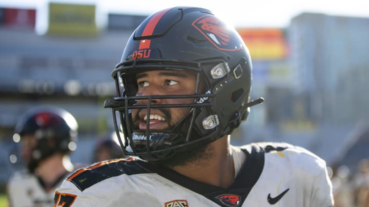 Nov 19, 2022; Tempe, Arizona, USA; Oregon State Beavers offensive lineman Joshua Gray (67) against the Arizona State Sun Devils at Sun Devil Stadium. Mandatory Credit: Mark J. Rebilas-USA TODAY Sports