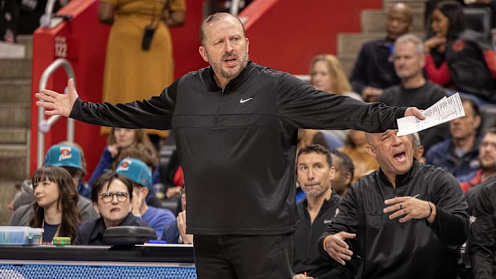 New York Knicks head coach Tom Thibodeau reacts to a play against the Detroit Pistons during an NBA regular season game New York Knicks head coach Tom Thibodeau reacts to a play against the Detroit Pistons during an NBA regular season game