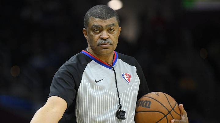 Feb 28, 2022; Cleveland, Ohio, USA; NBA referee Tony Brothers (25) stands on the court in the third quarter of a game between the Cleveland Cavaliers and the Minnesota Timberwolves at Rocket Mortgage FieldHouse. Mandatory Credit: David Richard-Imagn Images
