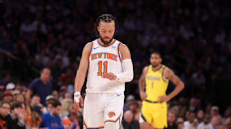 May 19, 2024; New York, New York, USA; New York Knicks guard Jalen Brunson (11) flexes his left hand during the third quarter of game seven of the second round of the 2024 NBA playoffs against the Indiana Pacers at Madison Square Garden. Mandatory Credit: Brad Penner-USA TODAY Sports
