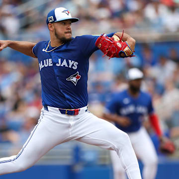 Toronto Blue Jays pitcher Jose Berrios (17) throws a pitch against the Atlanta Braves in the first inning during spring training at TD Ballpark on March 16.