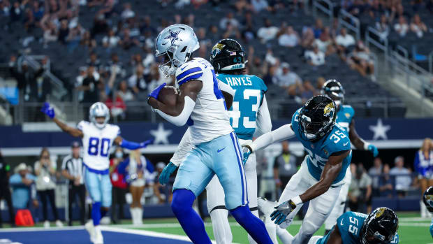 Dallas Cowboys wide receiver John Stephens Jr. (49) scores a touchdown  during the second half against the Jacksonville Jagua