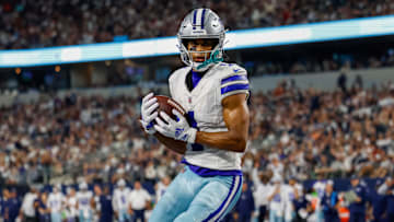 Sep 22, 2024; Arlington, Texas, USA; Dallas Cowboys wide receiver Jalen Tolbert (1) catches a touchdown pass during the fourth quarter against the Baltimore Ravens at AT&T Stadium. Mandatory Credit: Andrew Dieb-Imagn Images