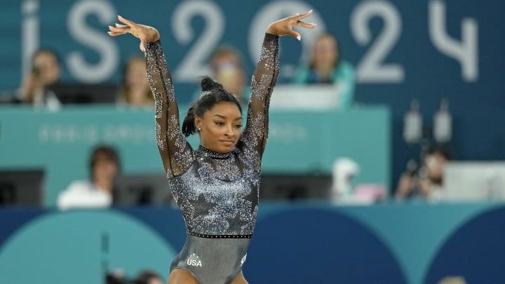 Simone Biles performs on the floor exercise in womenís qualification during the Paris 2024 Olympic Summer Games at Bercy Arena.