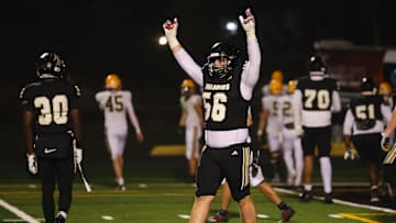 Red Bank Catholic HS at Paramus Catholic HS; Non-Public B State Semifinal; Nov. 21, 2025. Paramus Catholic OL #56 Mason Lafond celebrates a score.