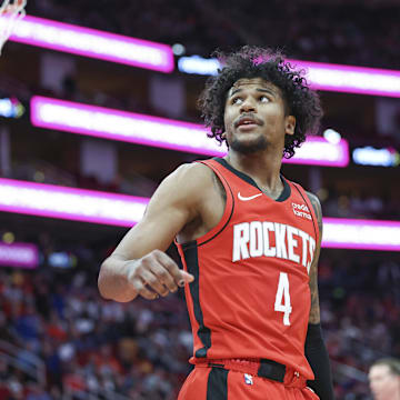 Feb 12, 2024; Houston, Texas, USA; Houston Rockets guard Jalen Green (4) reacts after a play during the third quarter against the New York Knicks at Toyota Center. Mandatory Credit: Troy Taormina-Imagn Images