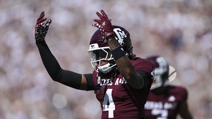 Sep 27, 2025; College Station, Texas, USA; Texas A&M Aggies cornerback Will Lee III (4) motions to the crowd during the first quarter against the Auburn Tigers at Kyle Field. Mandatory Credit: Troy Taormina-Imagn Images