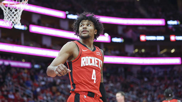 Feb 12, 2024; Houston, Texas, USA; Houston Rockets guard Jalen Green (4) reacts after a play during the third quarter against the New York Knicks at Toyota Center. Mandatory Credit: Troy Taormina-Imagn Images