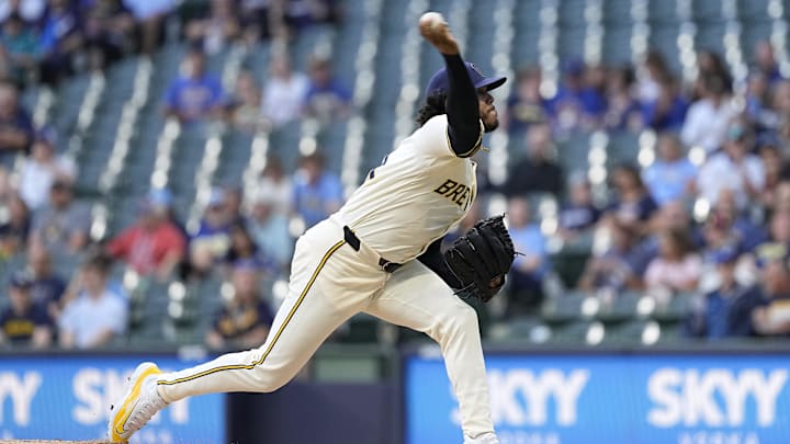 Jun 24, 2024; Milwaukee, Wisconsin, USA;  Milwaukee Brewers pitcher Freddy Peralta (51) during the game against the Texas Rangers at American Family Field. Mandatory Credit: Jeff Hanisch-Imagn Images