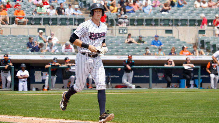 Designated hitter Ben Rice jogs to first base after being walked during the August 25, 2023 game against the Bowie Baysox at TD Bank Ballpark in Bridgewater, N.J.