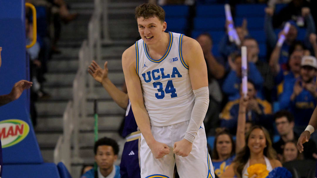 Feb 7, 2026; Los Angeles, California, USA;  UCLA Bruins forward Tyler Bilodeau (34) reacts after a three-point basket the second half against the Washington Huskies at Pauley Pavilion presented by Wescom Financial. Mandatory Credit: Jayne Kamin-Oncea-Imagn Images
