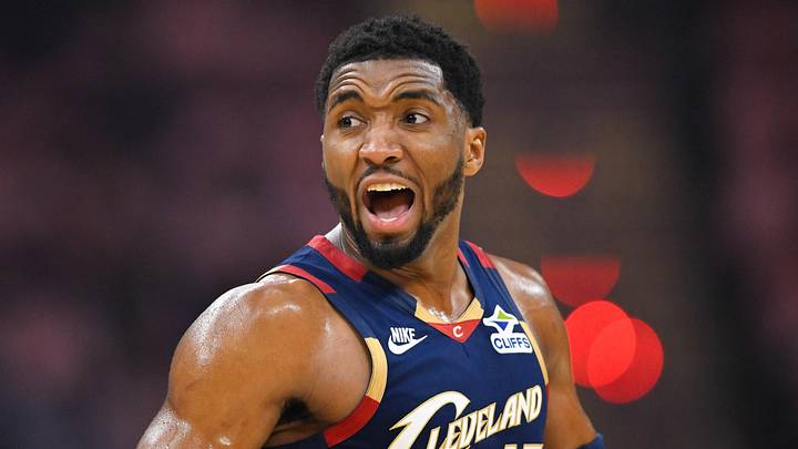 May 23, 2026; Cleveland, Ohio, USA; Cleveland Cavaliers guard Donovan Mitchell (45) reacts in the third quarter against the New York Knicks during game three of the eastern conference finals for the 2026 NBA playoffs at Rocket Arena. Mandatory Credit: David Richard-Imagn Images