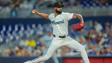 Miami, Florida, USA; Miami Marlins starting pitcher Sandy Alcantara (22) delivers a pitch against the Los Angeles Dodgers during the first inning at loanDepot Park.