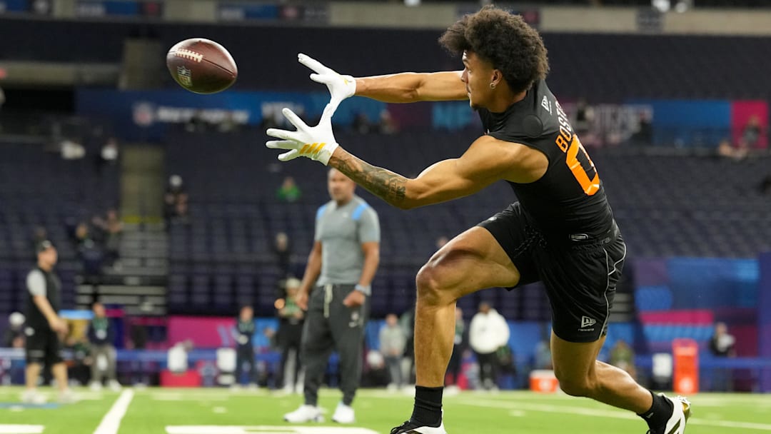 Feb 28, 2026; Indianapolis, IN, USA; Washington wideout Denzel Boston (WO08) during the NFL Scouting Combine at Lucas Oil Stadium. Mandatory Credit: Kirby Lee-Imagn Images